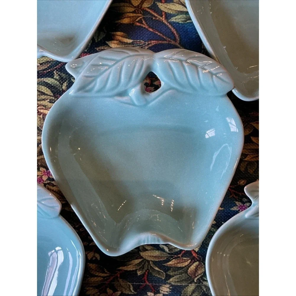 Vintage‎ HOENIG CA Aqua Blue 5PC Apple Pottery Dishes #734